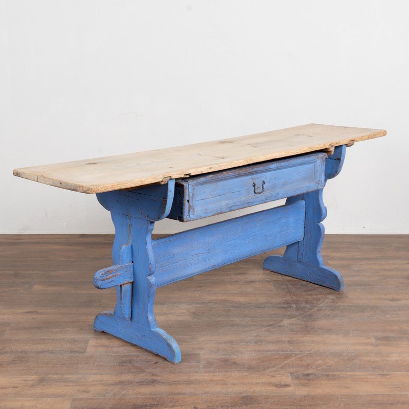 Early 19th-Century Swedish Pine Console Table with Blue Trestle Base