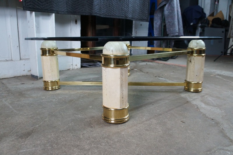 Vintage Italian Regency Travertine Stone Brass & Glass Coffee Cocktail Table 44" gallery