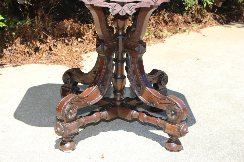 Large Fancy Walnut Victorian Marble Top Table with Ornate Stretcher Base Ca.1870 gallery