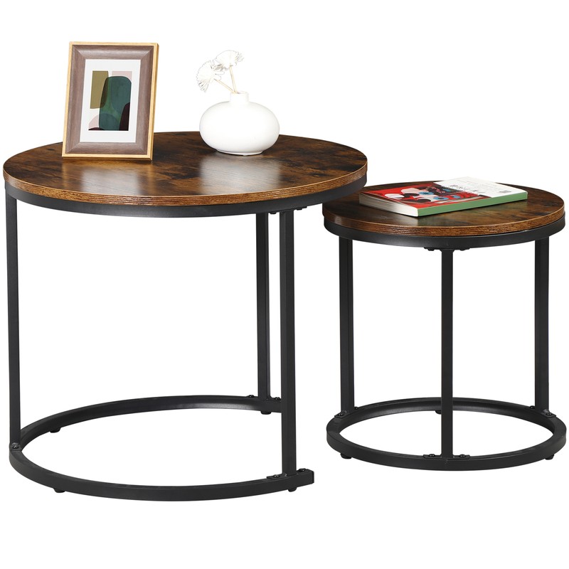 Nesting Side Set of 2 End Tables Round Coffee Table w/Rustic Wooden Surface Top