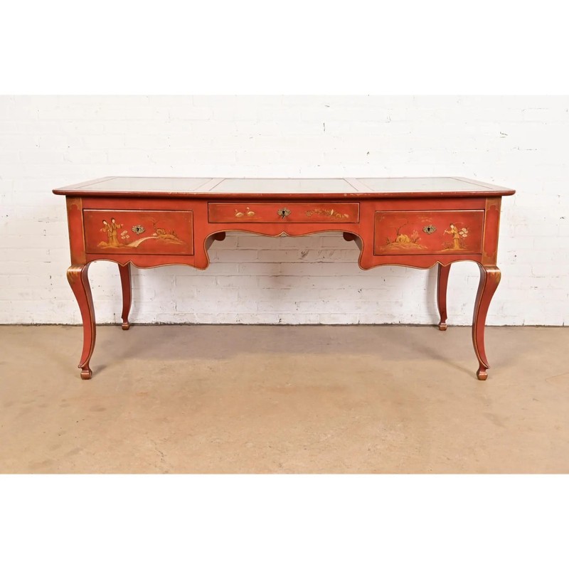 Baker Furniture French Regency Chinoiserie Red Lacquered Hand Painted Desk gallery