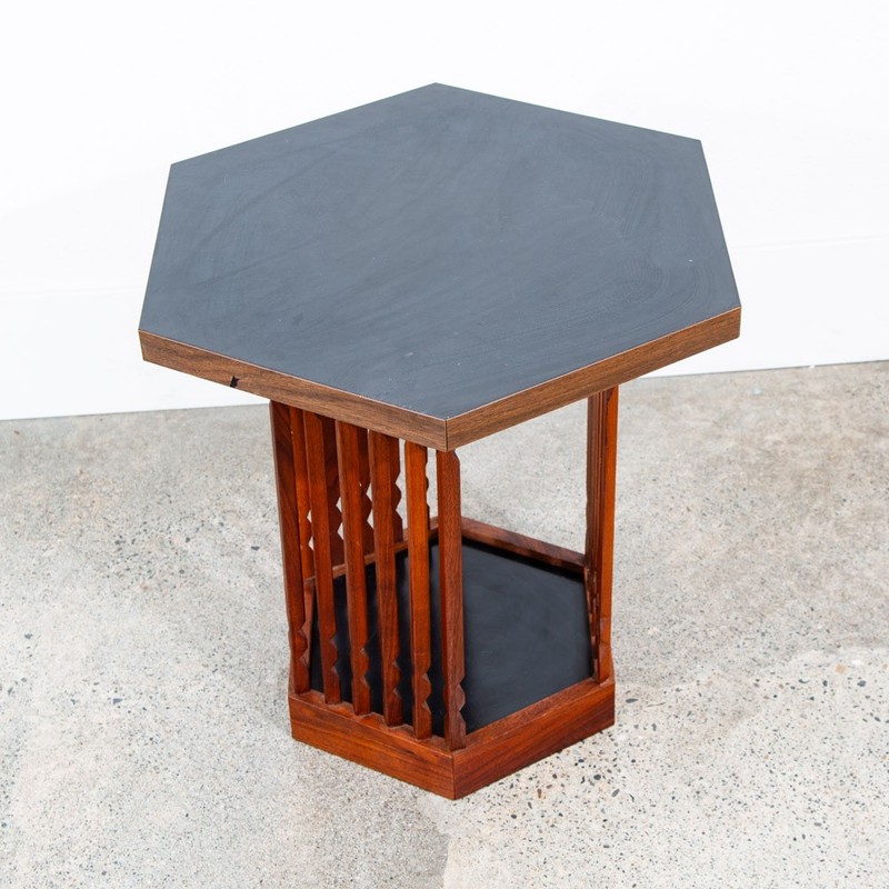 Mid Century Modern End Table Side Hexagon Arthur Umanoff Walnut Black Sculptural gallery
