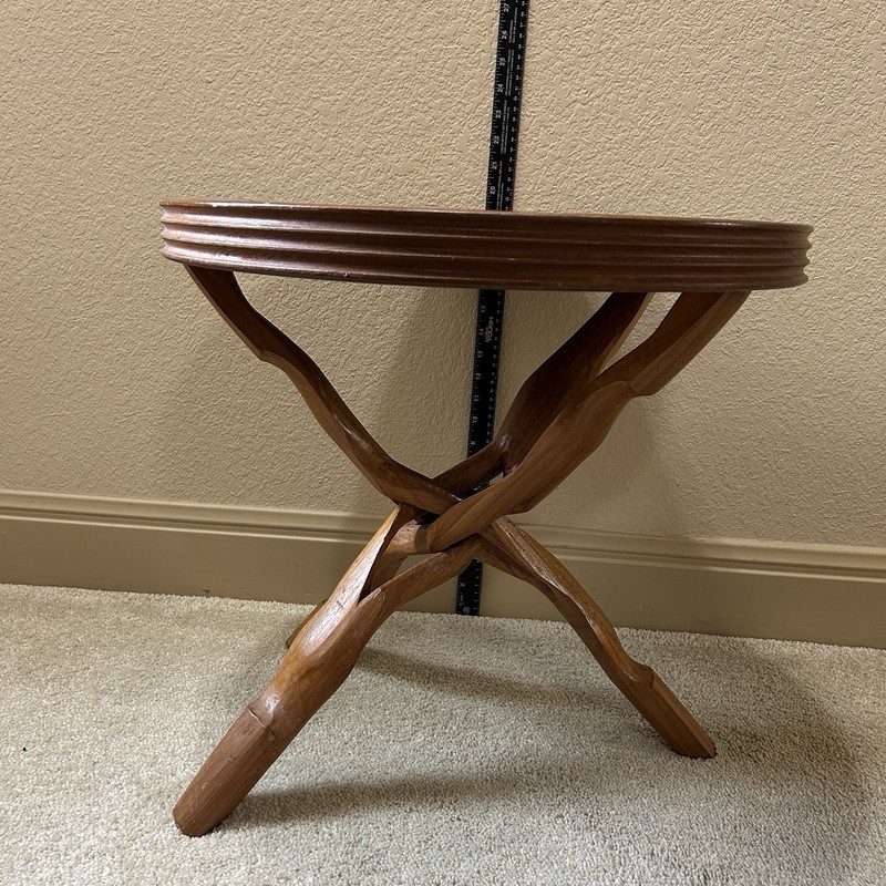 Vintage Asian Oriental Wood Carved Dragon Side Table w Folding Legs 19 Inch Tall gallery