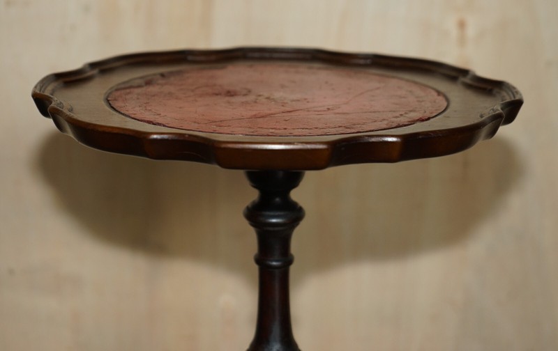 SMALL OXBLOOD LEATHER WITH SILVER LEAF INLAY MAHOGANY TRIPOD LAMP SIDE END TABLE gallery
