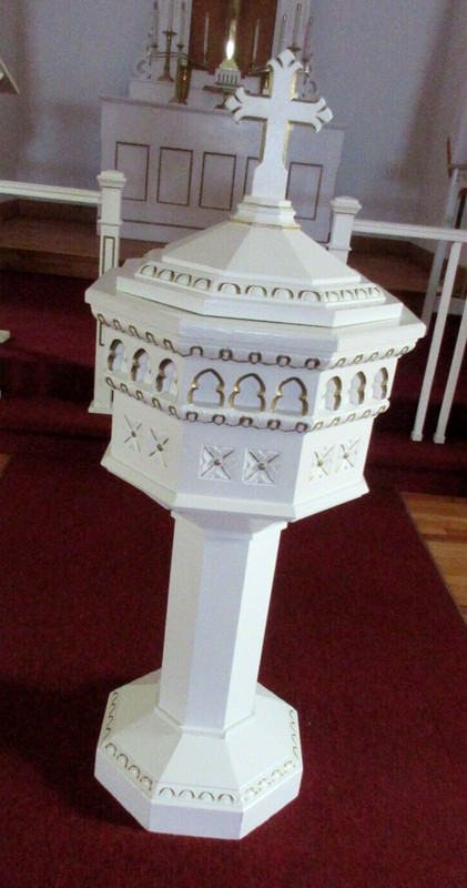 MID-CENTURY DECORATED WOODEN CHURCH BAPTISMAL COVERED STAND gallery