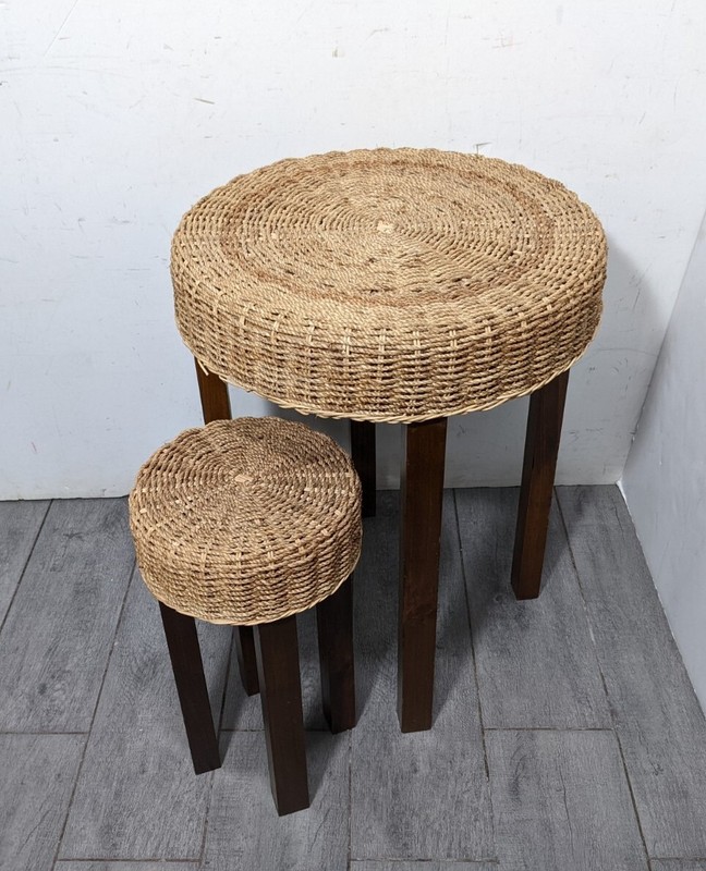 Vintage Set of 2 Woven Rattan Round Nesting Tables Mid Century Modern Boho Chic