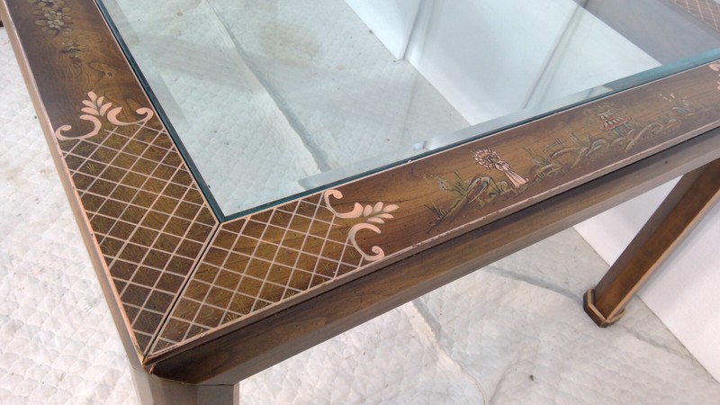 Mid Century Asian Dining Table 102" long Glass paneled top hand painted gallery