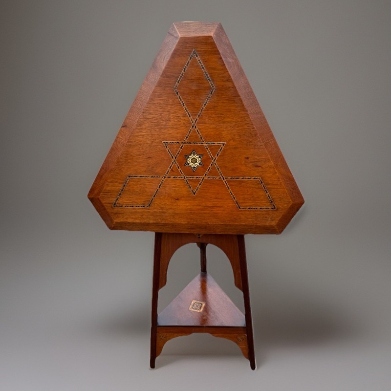 Unique Antique Arts & Crafts Tilt-Top Anglo-Moorish Inlay Cricket Table, 1890 gallery