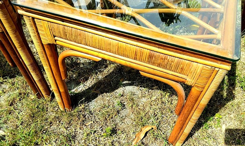 Vintage BAMBOO RATTAN 2 End Lamp Tables - Chic Regency elegant w glass gallery