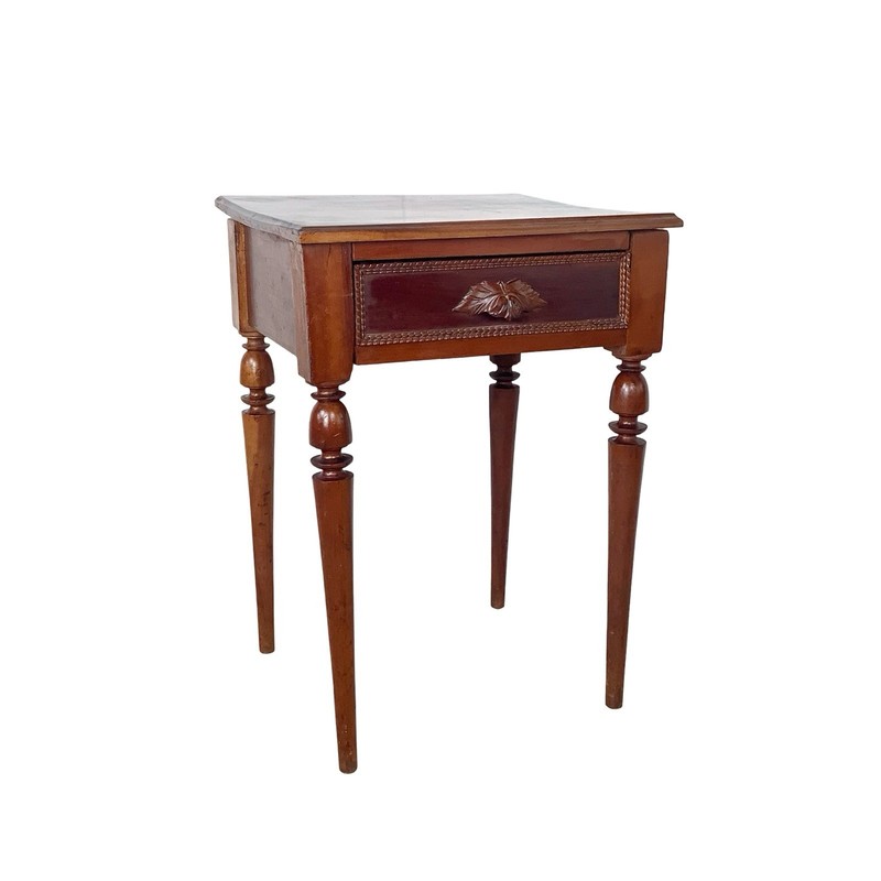 Antique 19th C French Provincial Solid Walnut Side Table Hand Carved Leaf Drawer