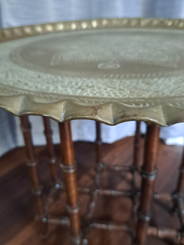 Vintage Moroccan Style Brass Round Scalloped Edge Tray Top Table w/ Wooden Stand gallery