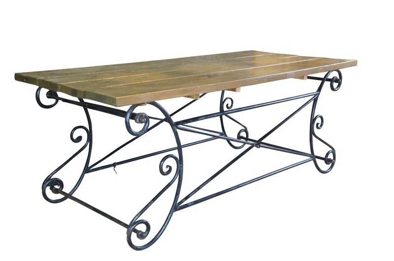 Vintage Neoclassical Directoire Scrolled Iron Outdoor Plank Top Dining Table 72" gallery