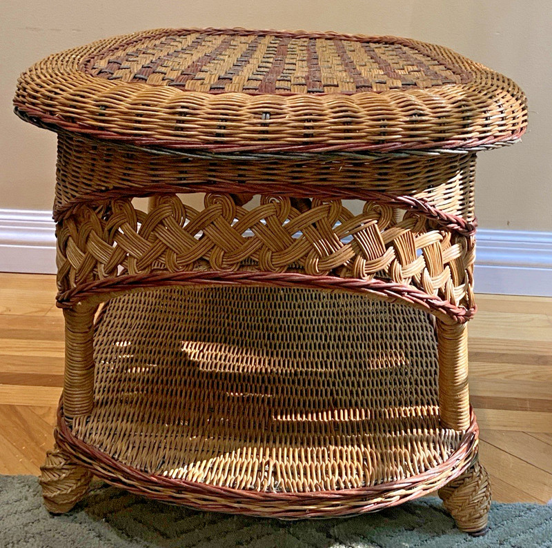 Vintage MCM Oval Wicker Rattan 2-Tier Coffee Table Bamboo Coastal Rare Design gallery