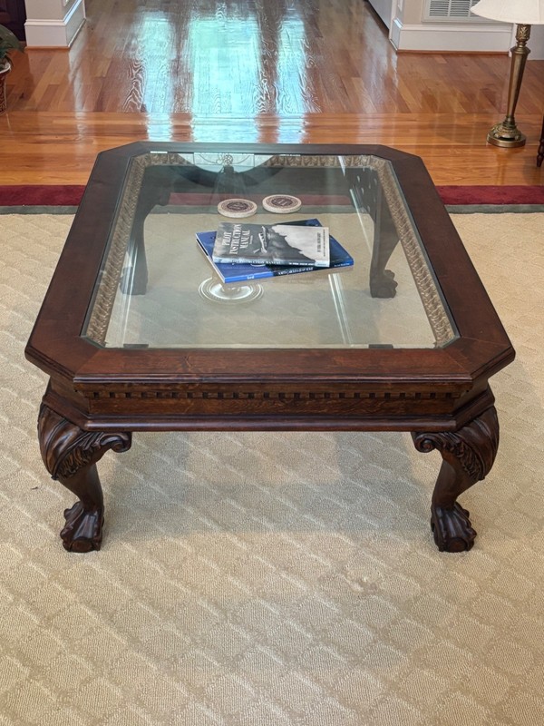 Vintage Rectangle Carved Mahogany Glass Top Coffee Table Claw Feet Beveled Glass gallery