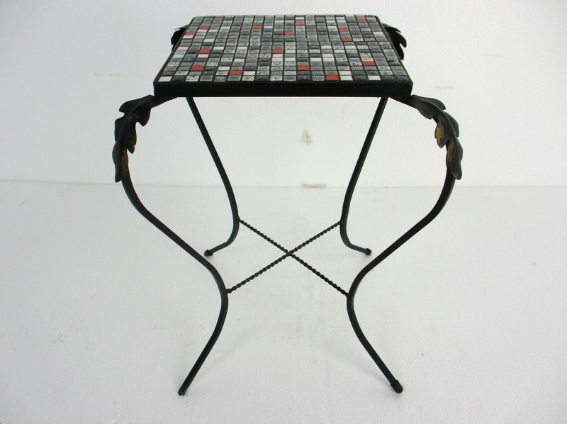 Vintage Small Side Table Plant stand Mosaic tiles Checkered pattern Wrought Iron gallery
