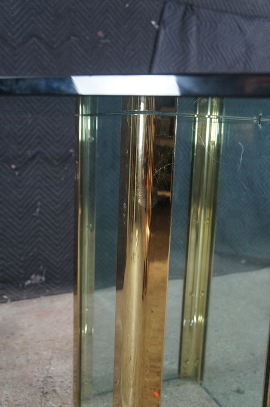 Hollis Jones Style Hollywood Regency Beveled Glass Brass Dining Breakfast Table gallery