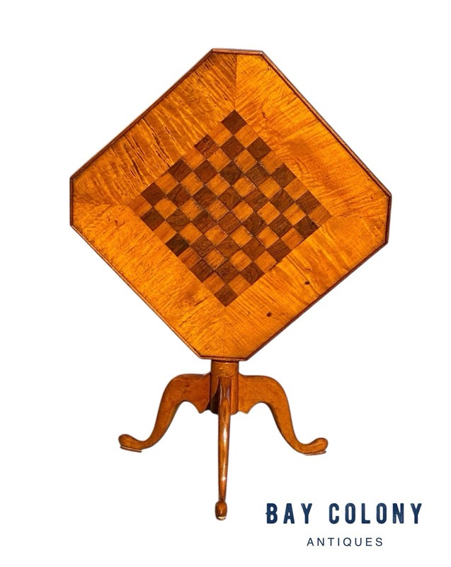 Antique Queen Anne Tiger Maple And Walnut Tilt Top Table With Checkerboard Top