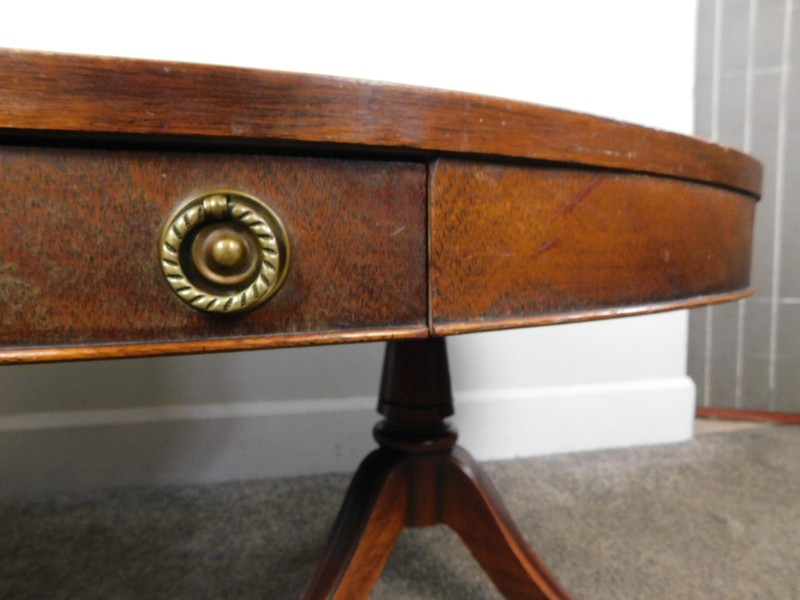 Brandt Antique 46" W 1940s Regency MCM Mahogany Tooled Leather OVAL Coffee Table gallery
