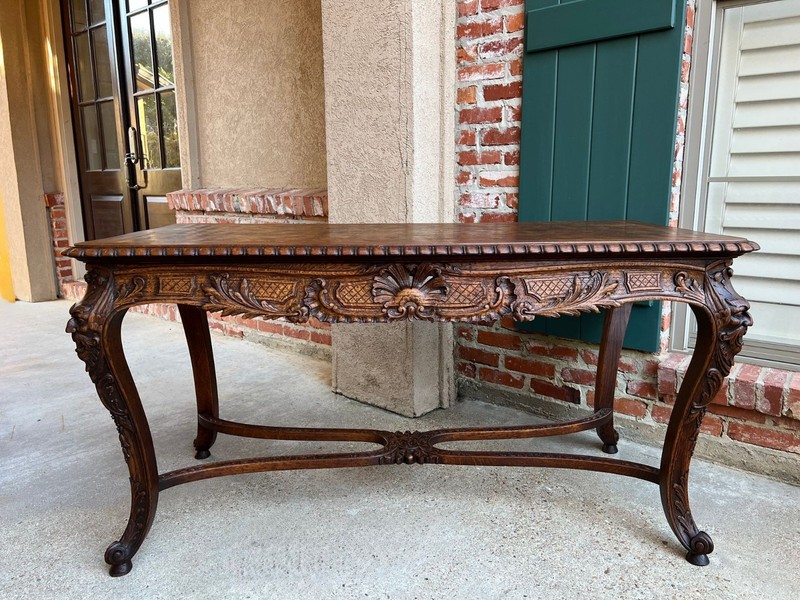 Antique French Center Library Table Louis XV Carved Oak Rococo Parquetry c1890 gallery
