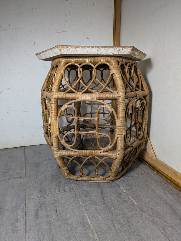 Vintage Asian Chinoiserie Boho Chic Bamboo Wicker Rattan Side Drum Table D72 gallery