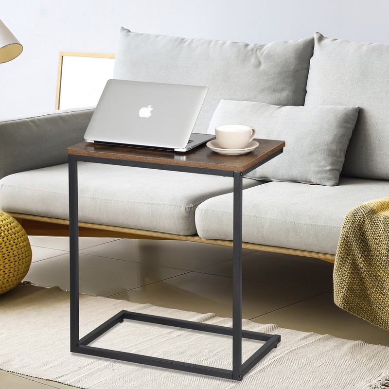 C Shaped End Table Under Sofa Tray for Snack Laptop TV Dinner Rustic Brown Black gallery