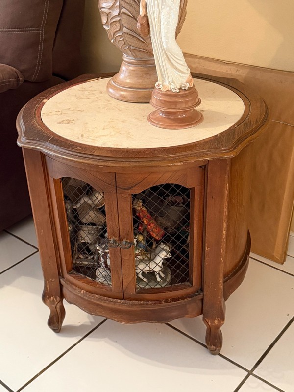 Vintage French Provincial Drum Table with Marble Top and Chicken Wire Swing Door