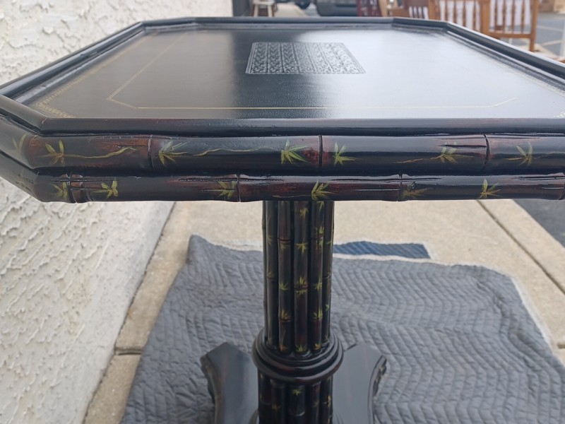 Maitland Smith Side Table Ebonized Faux Bamboo Leather Top Hand Painted Table gallery