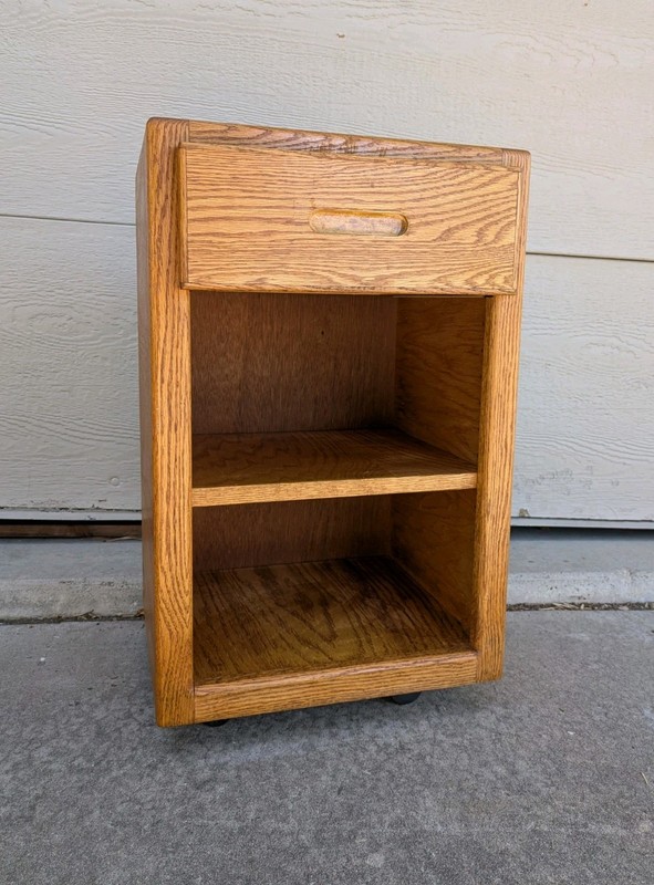 Vintage Rustic Country Oak Wood Rolling Nightstand End Table Shelf 1-Drawer N56 gallery