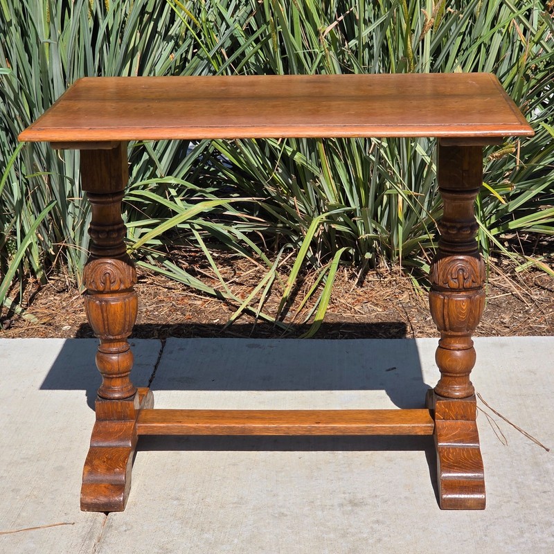 Antique Refectory Trestle Table Tiger Oak 1920s Jacobean Carved Small Desk 24"H gallery