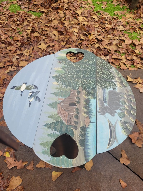 Vintage 80s Tri-fold Table Hand Painted Cottage Cabin Lake Folding Serving Tray