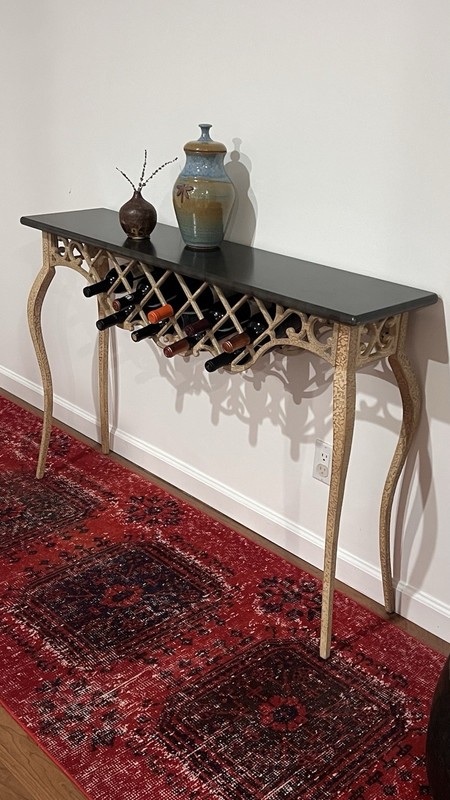 Vintage Bombay Co Console Table, Cream Metal, Faux Black Marble Top, Excellent gallery