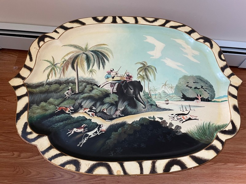 Drexel Heritage Et Cetera Paper Mache Faux Bamboo Coffee Table Vintg Hunt Scene