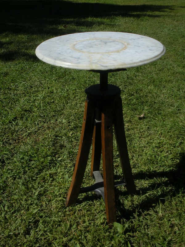 Vintage Antique Marble Top Industrial Metal Oak Wood Plant Stand Adjustable 15″
