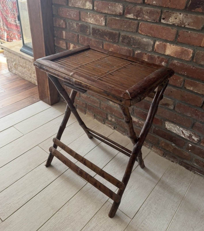 Set-3 Vintage Burnt Bamboo Tortoise Shell Folding Chairs Table Rattan MCM Accent gallery