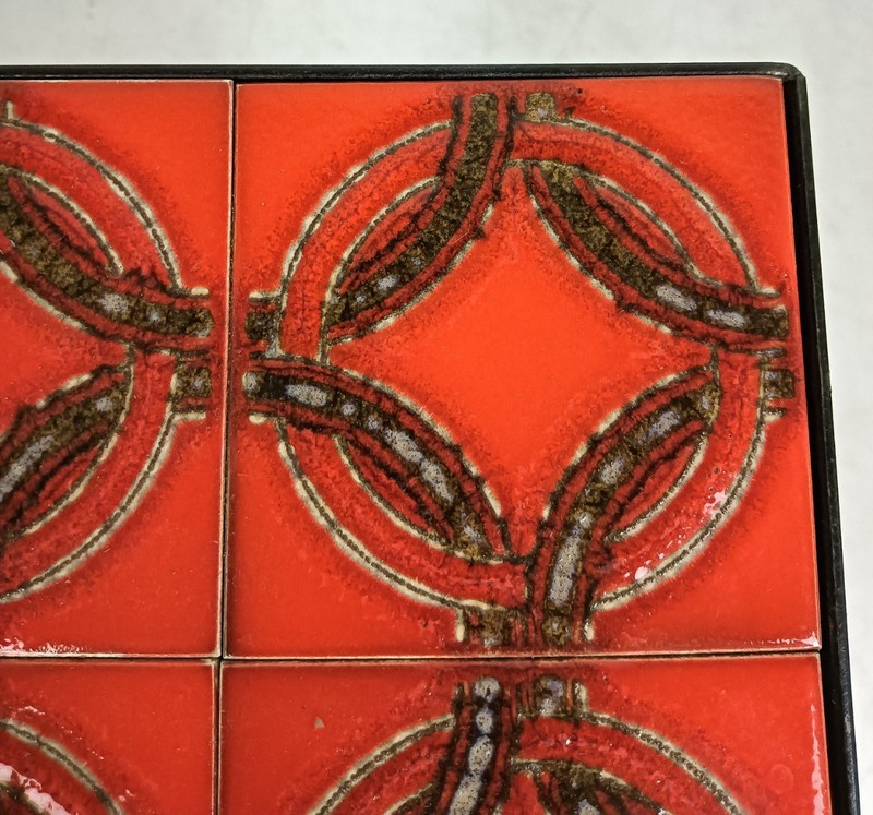 Vintage Wrought Iron & Ceramic Tile Side Table with Red Abstract Design gallery