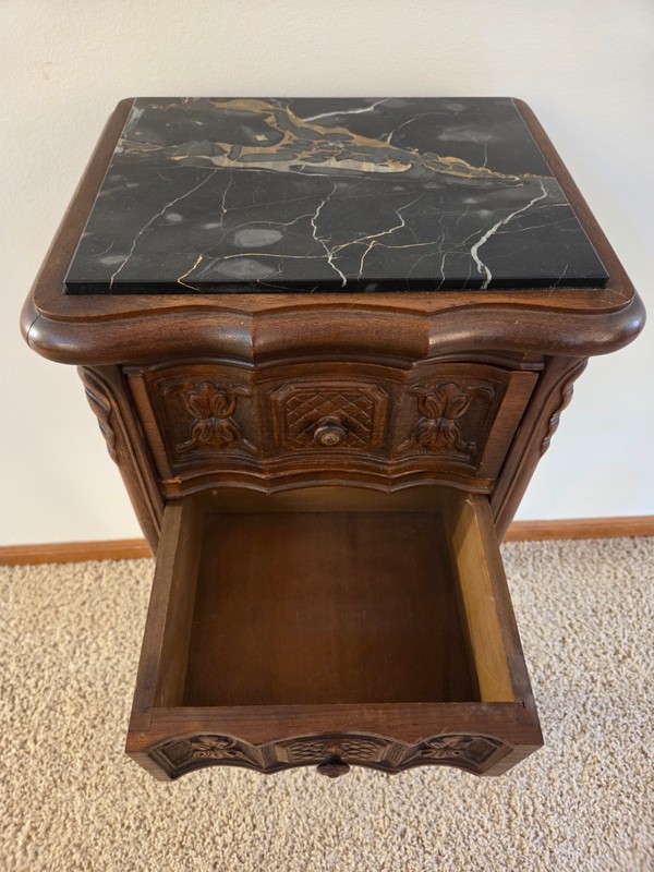 Vintage Marble Top Small 2 Drawer Ornate Carved Table French / Italian Stand gallery