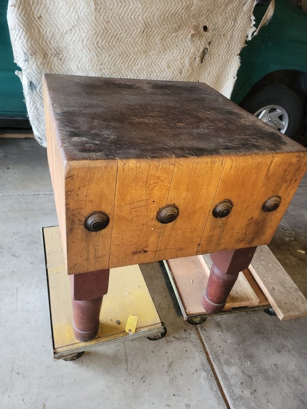 Old Butcher Block Farm Kitchen Table large heavy 30” square Michigan Maple Co?