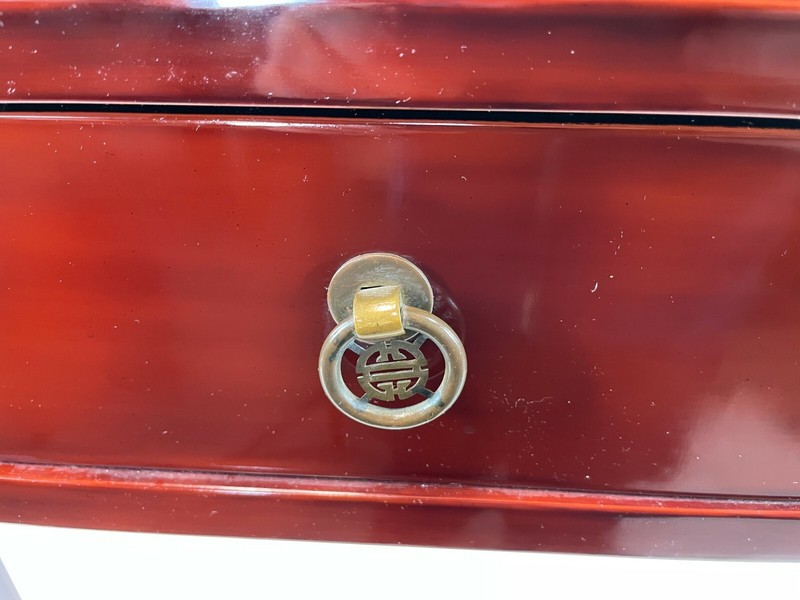 RARE Vintage THANH LE Vietnam Pair 19" Red Lacquer Wood Brass Side End Tables gallery