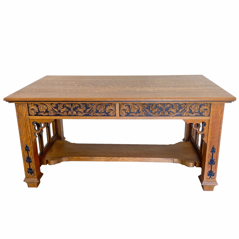 19th C. Gothic Revival Library Table, Carved Drawers, c.1880 gallery