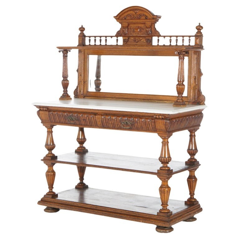 Antique Oak Marble Top Server with Mirrored Back Splash & Spindled Rail C1900