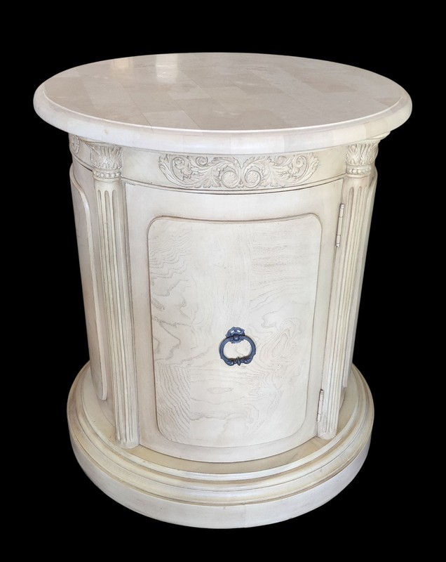 Neoclassical Round Pedestal Cabinets with Marble Tops – Pair gallery