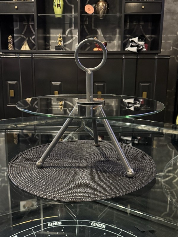 Rare Vintage Italian Mid Century Modern Tripod Glass Mini Table Ring Handle 14” gallery