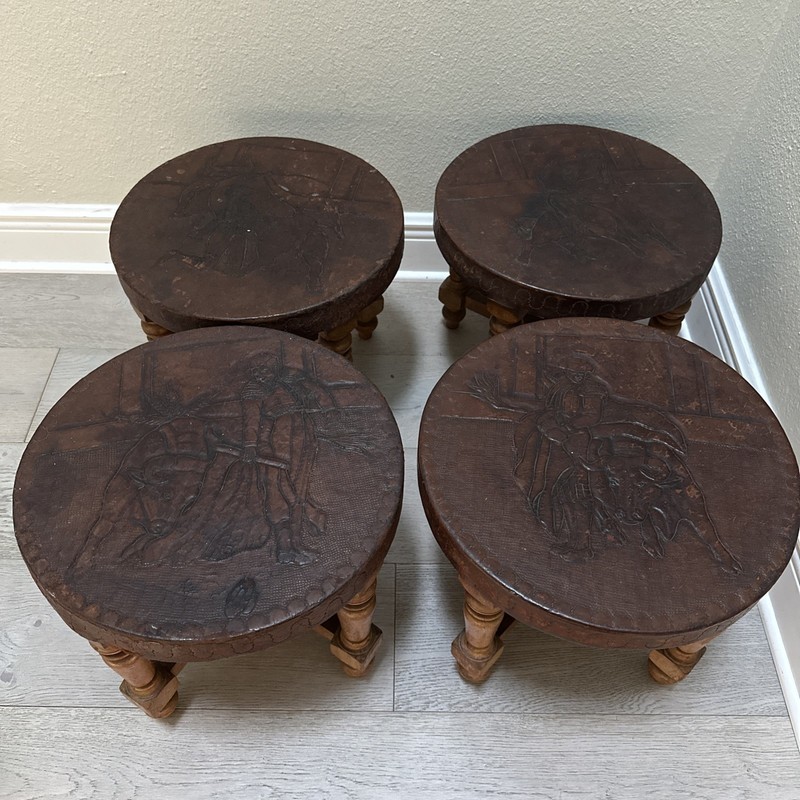 Peruvian Hand Tooled Punched Leather South American Wooden Stools Bull & Matador