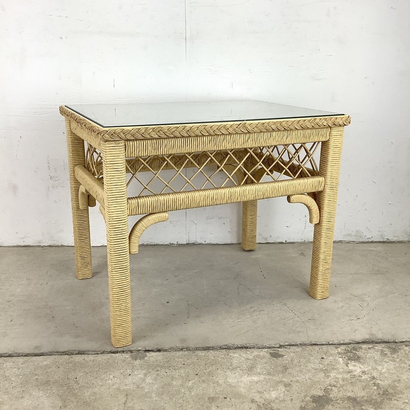 Boho Modern Henry Link Style Wicker and Glass Top Side Table