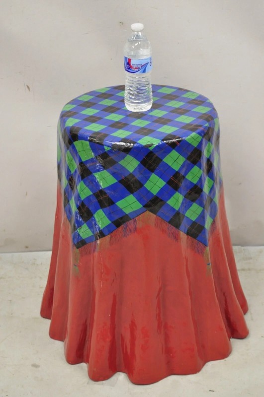 Vintage Paper Mache Red Blue Green Tartan Painted "Tablecloth" Drape Side Table gallery