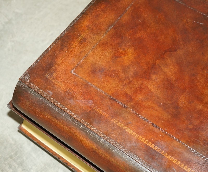 FULLY RESTORED BROWN LEATHER SCHOLARS STACK OF BOOKCASE COFFEE TABLE DRAWERS gallery