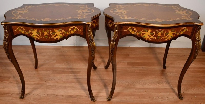 1910s Antique French Louis XV Walnut & Satinwood inlaid PAIR of side end tables