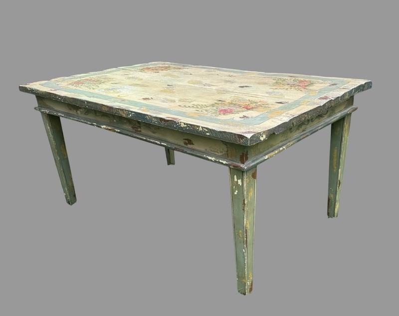 Vintage Primitive French Country Style Floral Paint Decorated Dining Table