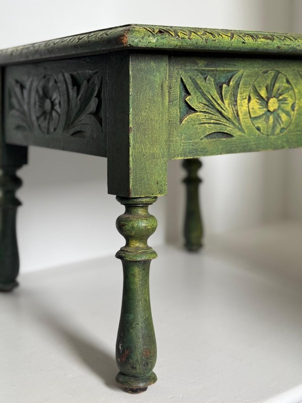 Antique Hand-Carved Folk Table Rustic Painted Green Side Stool gallery