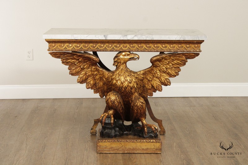 Regency George II Style Pair Giltwood Carved Eagle Marble Top Consoles gallery